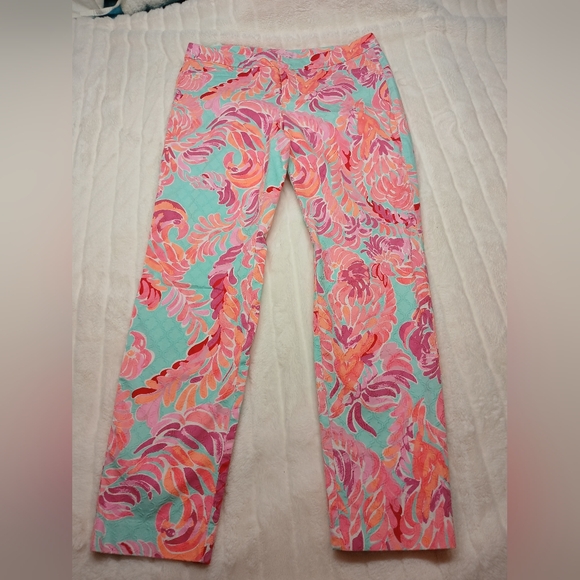 Lilly Pulitzer Pants - Lilly Pulitzer Size 8 Tropical Print Pants Pink Blue Straight Leg Pants